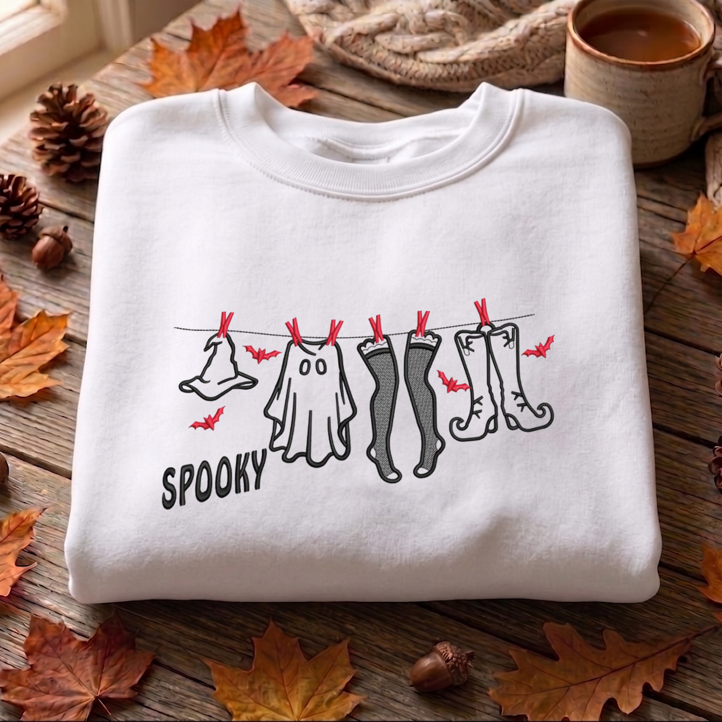 Halloween Clothes Embroidered Sweatshirt, Ghost And Bats Sweatshirt, Halloween Embroidered T Shirt, Sweatshirt For Halloween Gift.