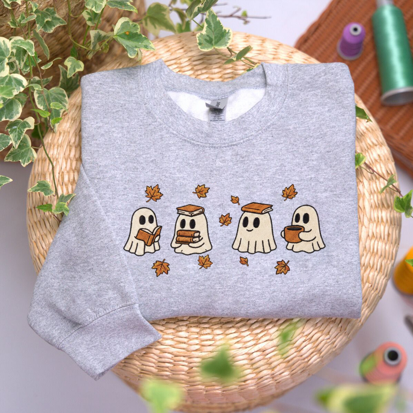 Ghost And Book Embroidered Sweatshirt, Autumn Sweatshirt, Halloween Embroidered T Shirt, Sweatshirt For Halloween Gift.
