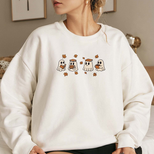 Ghost And Book Embroidered Sweatshirt, Autumn Sweatshirt, Halloween Embroidered T Shirt, Sweatshirt For Halloween Gift.