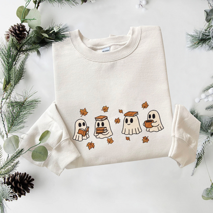 Ghost And Book Embroidered Sweatshirt, Autumn Sweatshirt, Halloween Embroidered T Shirt, Sweatshirt For Halloween Gift.