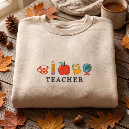 Teacher Embroidered Sweatshirt, Back To School Sweatshirt, School Supplies Embroidered T Shirt, Sweatshirt For Teacher Gift.