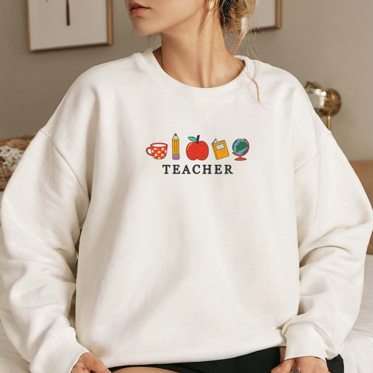 Teacher Embroidered Sweatshirt, Back To School Sweatshirt, School Supplies Embroidered T Shirt, Sweatshirt For Teacher Gift.
