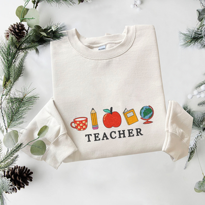 Teacher Embroidered Sweatshirt, Back To School Sweatshirt, School Supplies Embroidered T Shirt, Sweatshirt For Teacher Gift.