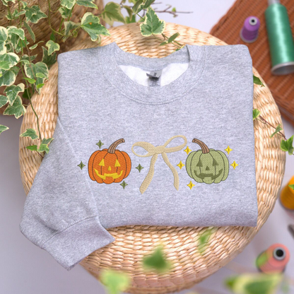 Pumpkin Bow Sweatshirt Embroidered, Halloween Sweatshirts, Fall Embroidered T Shirt, Sweatshirt For Her.