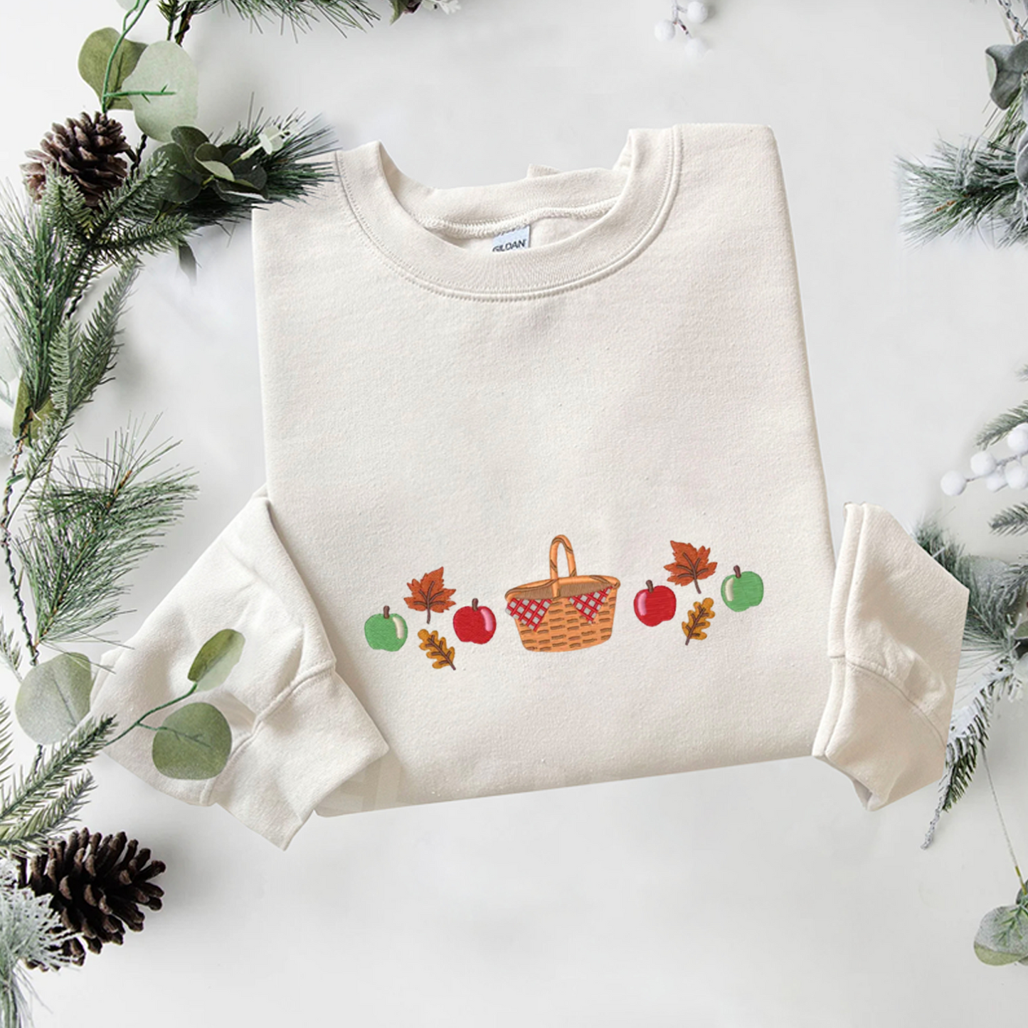 Apple Basket Fall Embroidered Sweatshirt, Autumn Sweatshirt, Trendy Embroidered T Shirt, Sweatshirt For Woman Gift.