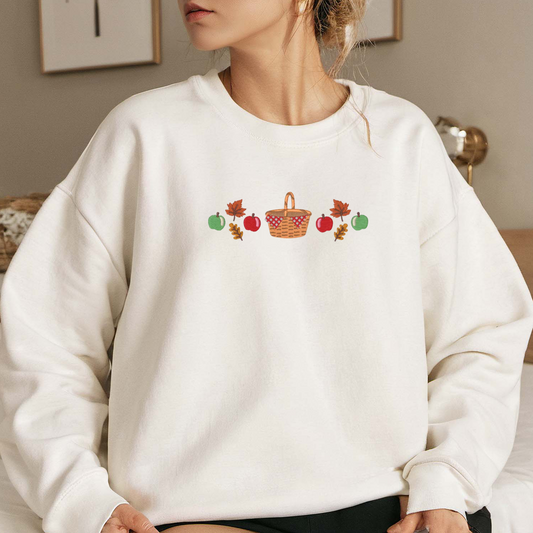 Apple Basket Fall Embroidered Sweatshirt, Autumn Sweatshirt, Trendy Embroidered T Shirt, Sweatshirt For Woman Gift.