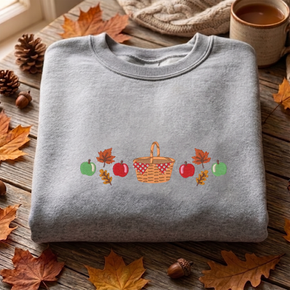 Apple Basket Fall Embroidered Sweatshirt, Autumn Sweatshirt, Trendy Embroidered T Shirt, Sweatshirt For Woman Gift.