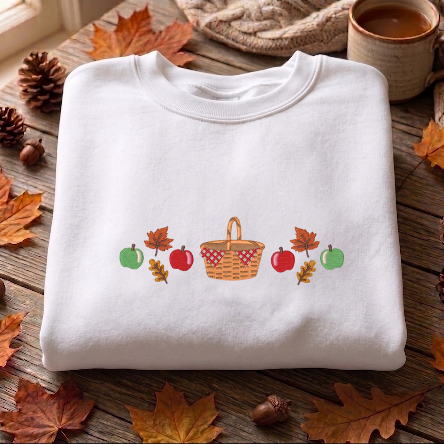 Apple Basket Fall Embroidered Sweatshirt, Autumn Sweatshirt, Trendy Embroidered T Shirt, Sweatshirt For Woman Gift.