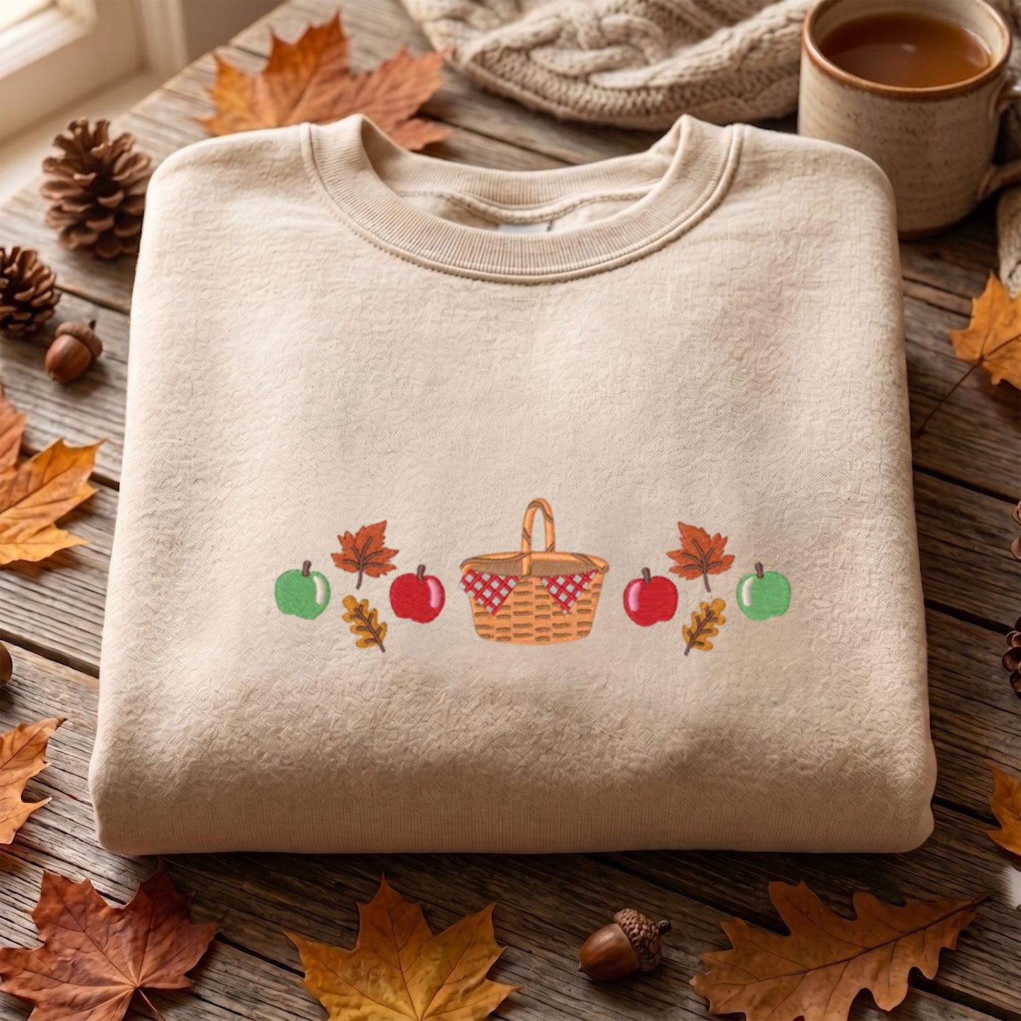 Apple Basket Fall Embroidered Sweatshirt, Autumn Sweatshirt, Trendy Embroidered T Shirt, Sweatshirt For Woman Gift.