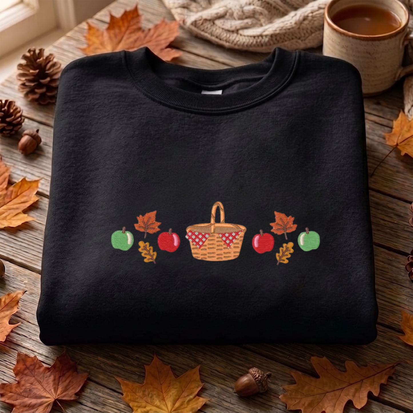 Apple Basket Fall Embroidered Sweatshirt, Autumn Sweatshirt, Trendy Embroidered T Shirt, Sweatshirt For Woman Gift.