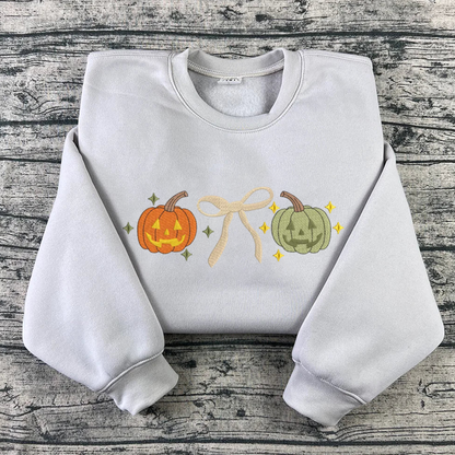 Pumpkin Bow Sweatshirt Embroidered, Halloween Sweatshirts, Fall Embroidered T Shirt, Sweatshirt For Her.