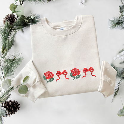 Coquette Roses Embroidered Sweatshirt, Floral Plant Sweatshirt, Summer Embroidered T Shirt, Sweatshirt For Woman Gift.