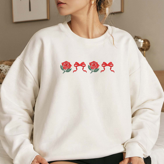 Coquette Roses Embroidered Sweatshirt, Floral Plant Sweatshirt, Summer Embroidered T Shirt, Sweatshirt For Woman Gift.