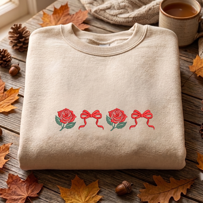 Coquette Roses Embroidered Sweatshirt, Floral Plant Sweatshirt, Summer Embroidered T Shirt, Sweatshirt For Woman Gift.
