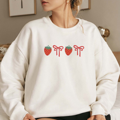 Bow Strawberry Sweatshirt Embroidered, Spring Sweatshirts, Garden Embroidered T Shirt, Sweatshirt For Her.