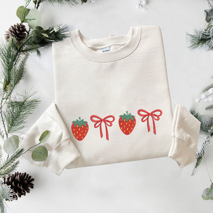 Bow Strawberry Sweatshirt Embroidered, Spring Sweatshirts, Garden Embroidered T Shirt, Sweatshirt For Her.