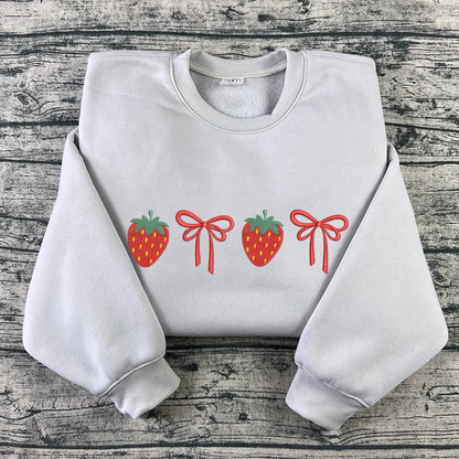 Bow Strawberry Sweatshirt Embroidered, Spring Sweatshirts, Garden Embroidered T Shirt, Sweatshirt For Her.