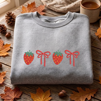 Bow Strawberry Sweatshirt Embroidered, Spring Sweatshirts, Garden Embroidered T Shirt, Sweatshirt For Her.