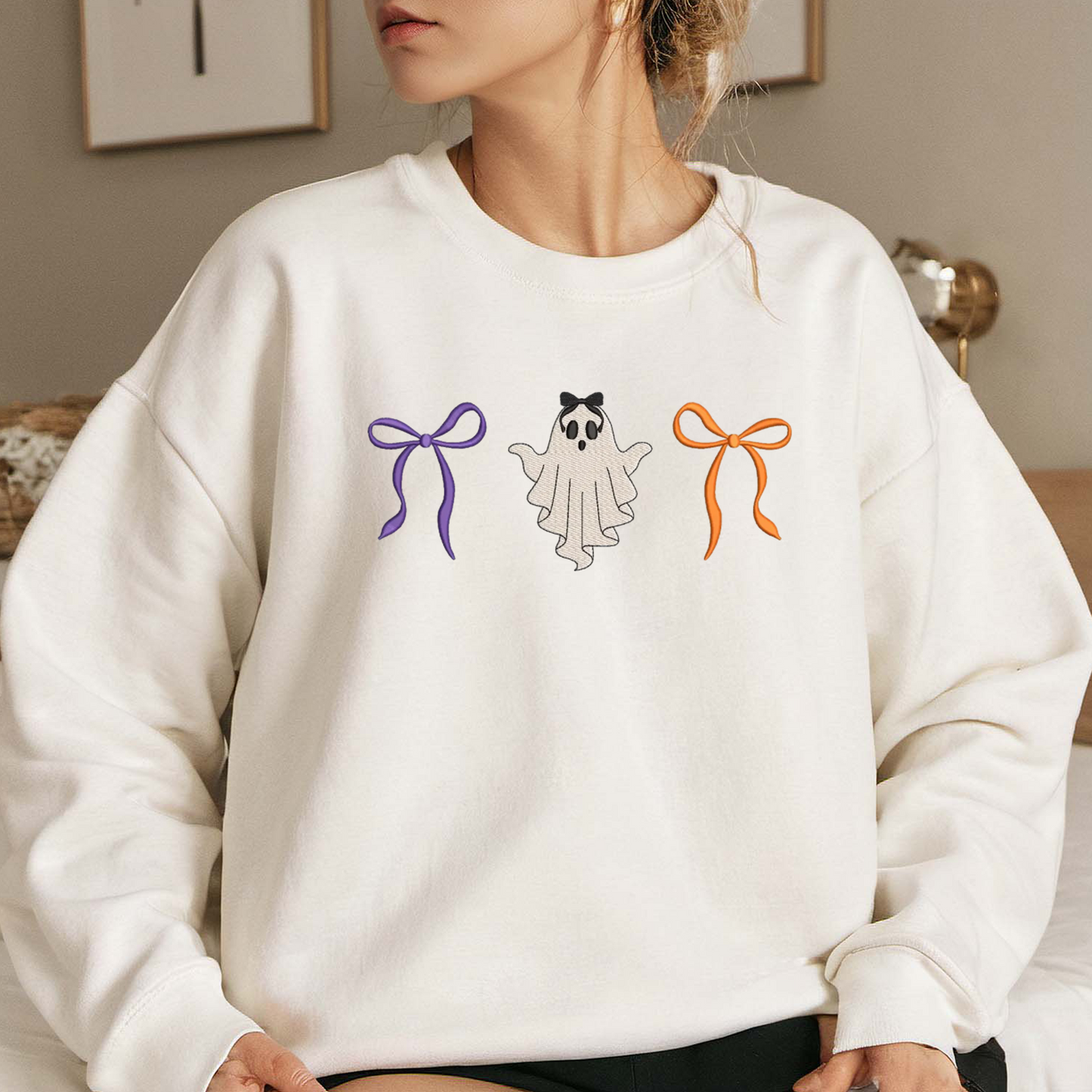 Coquette Ghost Sweatshirt Embroidered, Halloween Sweatshirts, Bow T Shirt, Sweatshirt For Her.