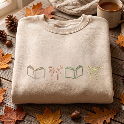 Bow Book Embroidered Sweatshirt , Bookish Sweatshirt, Bow Embroidered T Shirt, Sweatshirt For Bookworm Gift.