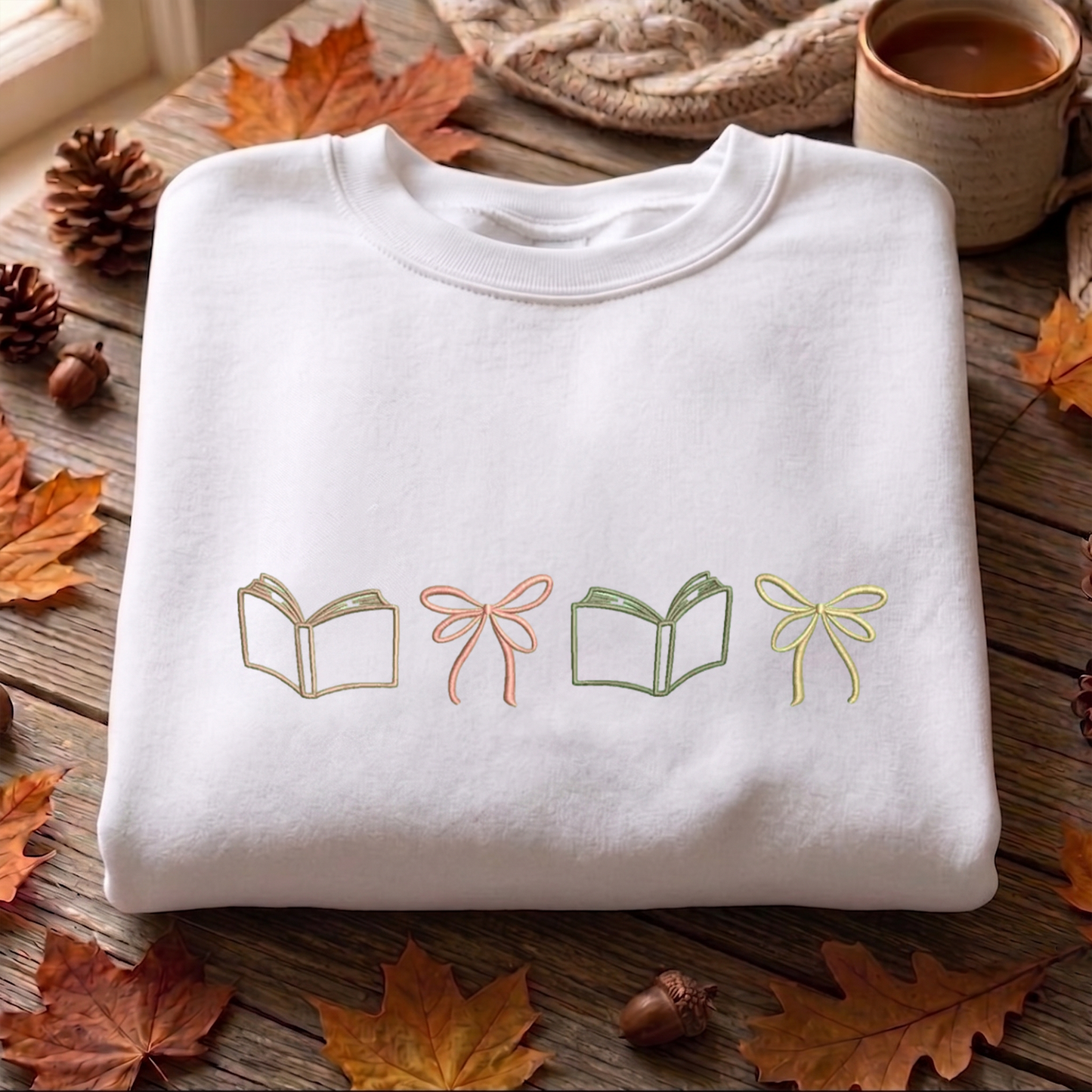 Bow Book Embroidered Sweatshirt , Bookish Sweatshirt, Bow Embroidered T Shirt, Sweatshirt For Bookworm Gift.
