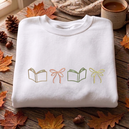 Bow Book Embroidered Sweatshirt , Bookish Sweatshirt, Bow Embroidered T Shirt, Sweatshirt For Bookworm Gift.