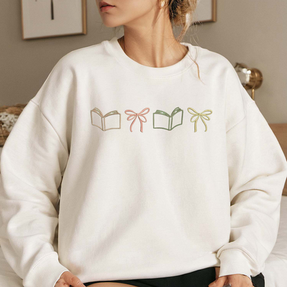Bow Book Embroidered Sweatshirt , Bookish Sweatshirt, Bow Embroidered T Shirt, Sweatshirt For Bookworm Gift.