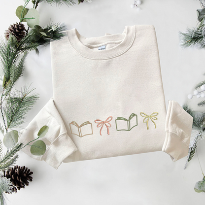 Bow Book Embroidered Sweatshirt , Bookish Sweatshirt, Bow Embroidered T Shirt, Sweatshirt For Bookworm Gift.