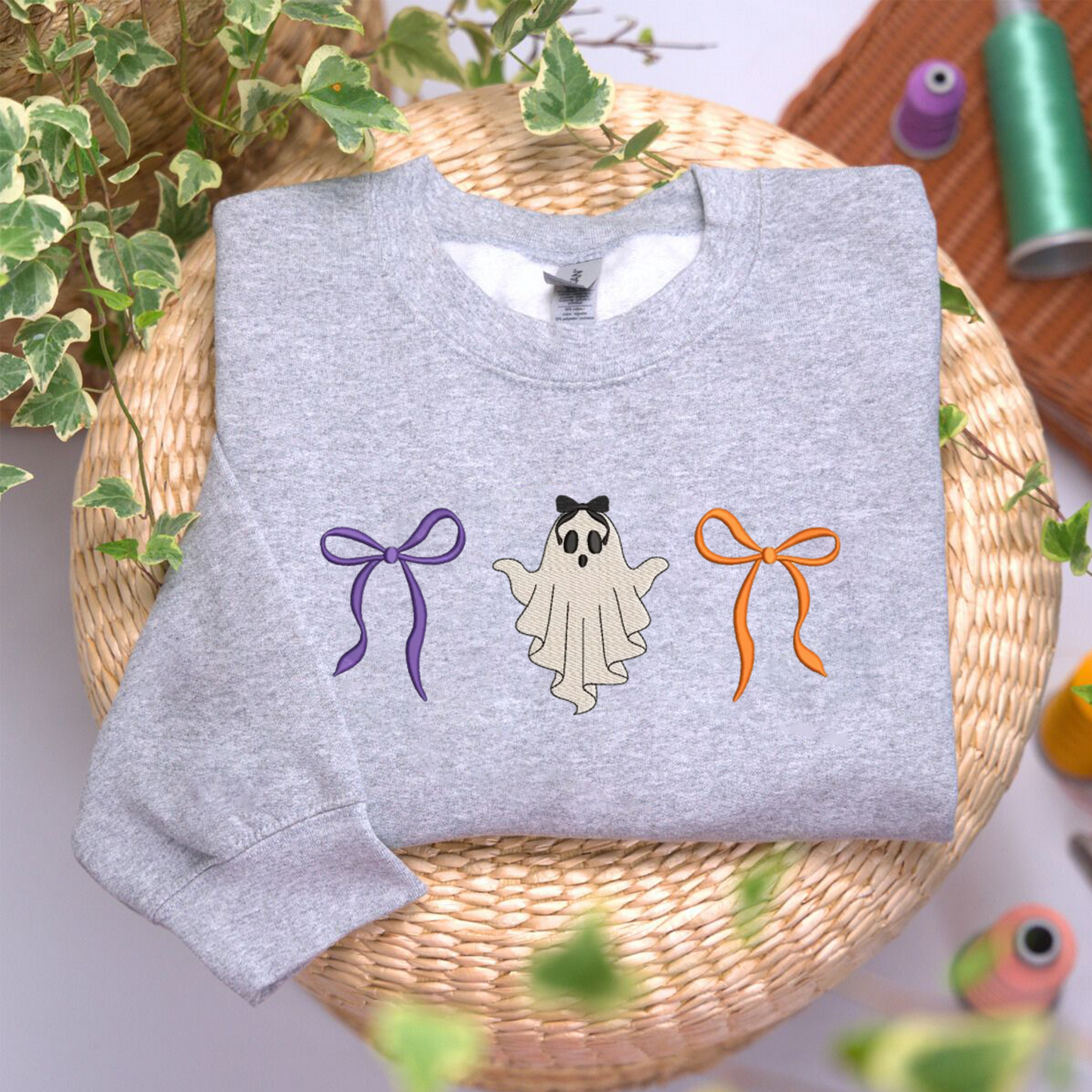 Coquette Ghost Sweatshirt Embroidered, Halloween Sweatshirts, Bow T Shirt, Sweatshirt For Her.