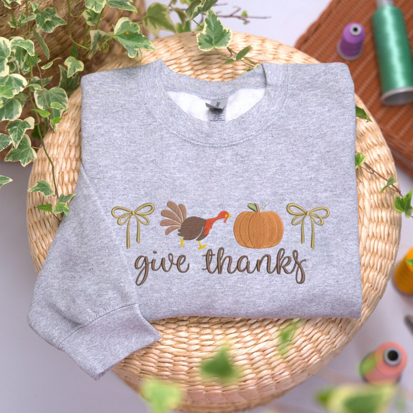 Give Thanks Embroidered Sweatshirt, Thanksgiving Sweatshirt, Autumn Embroidered T Shirt, Sweatshirt For Thanksgiving Gift.