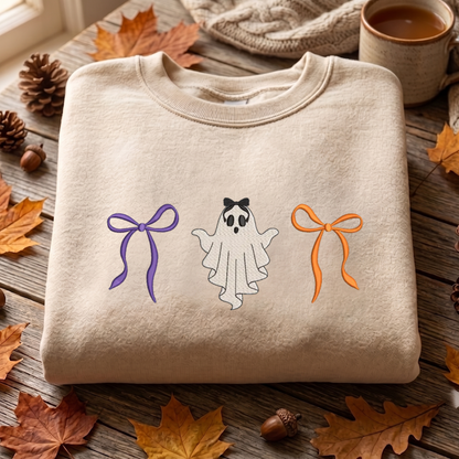 Coquette Ghost Sweatshirt Embroidered, Halloween Sweatshirts, Bow T Shirt, Sweatshirt For Her.