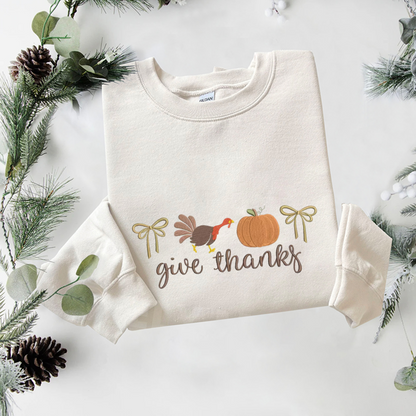Give Thanks Embroidered Sweatshirt, Thanksgiving Sweatshirt, Autumn Embroidered T Shirt, Sweatshirt For Thanksgiving Gift.