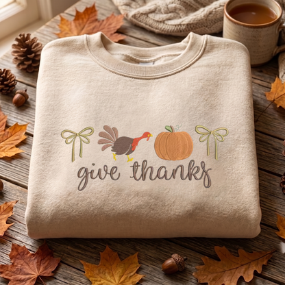 Give Thanks Embroidered Sweatshirt, Thanksgiving Sweatshirt, Autumn Embroidered T Shirt, Sweatshirt For Thanksgiving Gift.