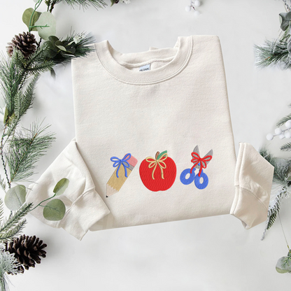 Back To School Embroidered Sweatshirt, Pencil Sweatshirt, Apple Embroidered T Shirt, Sweatshirt For Students Gift.