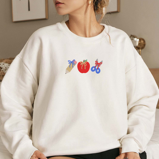 Back To School Embroidered Sweatshirt, Pencil Sweatshirt, Apple Embroidered T Shirt, Sweatshirt For Students Gift.
