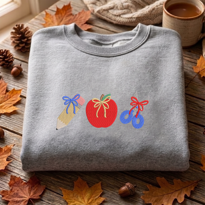 Back To School Embroidered Sweatshirt, Pencil Sweatshirt, Apple Embroidered T Shirt, Sweatshirt For Students Gift.