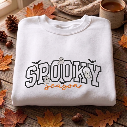 Spooky Season Embroidered Sweatshirt, Ghost And Bats Sweatshirt, Halloween Embroidered T Shirt, Sweatshirt For Halloween Gift.