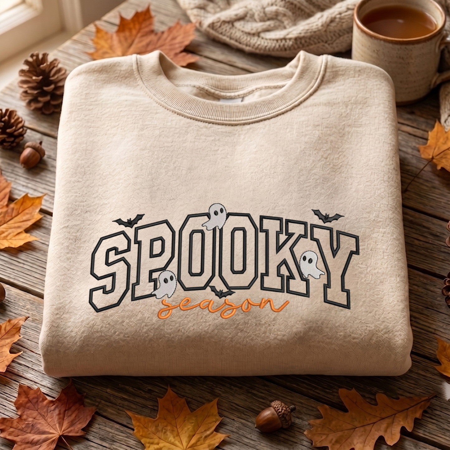 Spooky Season Embroidered Sweatshirt, Ghost And Bats Sweatshirt, Halloween Embroidered T Shirt, Sweatshirt For Halloween Gift.