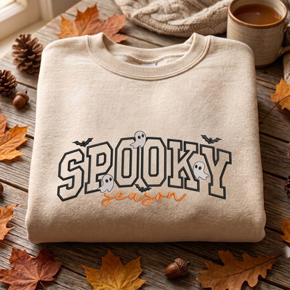 Spooky Season Embroidered Sweatshirt, Ghost And Bats Sweatshirt, Halloween Embroidered T Shirt, Sweatshirt For Halloween Gift.