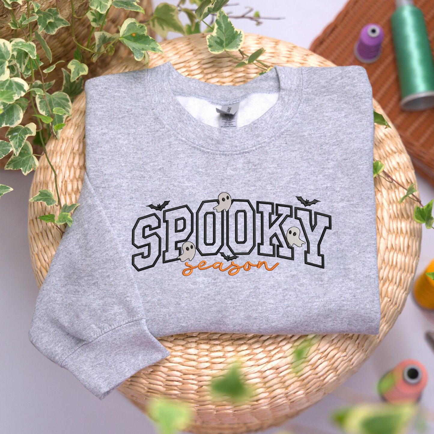 Spooky Season Embroidered Sweatshirt, Ghost And Bats Sweatshirt, Halloween Embroidered T Shirt, Sweatshirt For Halloween Gift.