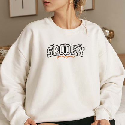 Spooky Season Embroidered Sweatshirt, Ghost And Bats Sweatshirt, Halloween Embroidered T Shirt, Sweatshirt For Halloween Gift.