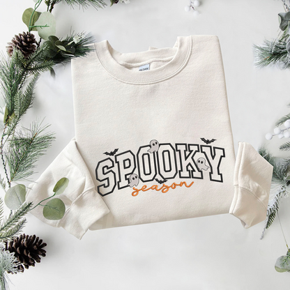 Spooky Season Embroidered Sweatshirt, Ghost And Bats Sweatshirt, Halloween Embroidered T Shirt, Sweatshirt For Halloween Gift.