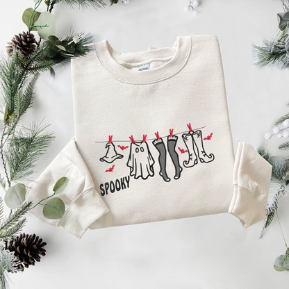 Halloween Clothes Embroidered Sweatshirt, Ghost And Bats Sweatshirt, Halloween Embroidered T Shirt, Sweatshirt For Halloween Gift.