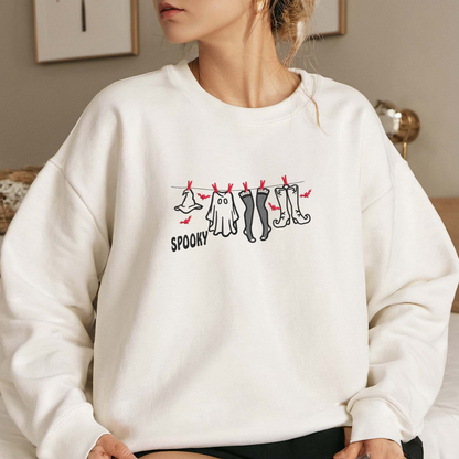 Halloween Clothes Embroidered Sweatshirt, Ghost And Bats Sweatshirt, Halloween Embroidered T Shirt, Sweatshirt For Halloween Gift.