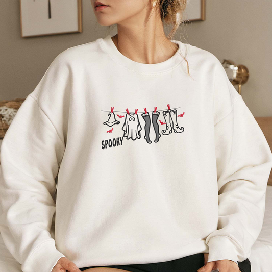 Halloween Clothes Embroidered Sweatshirt, Ghost And Bats Sweatshirt, Halloween Embroidered T Shirt, Sweatshirt For Halloween Gift.