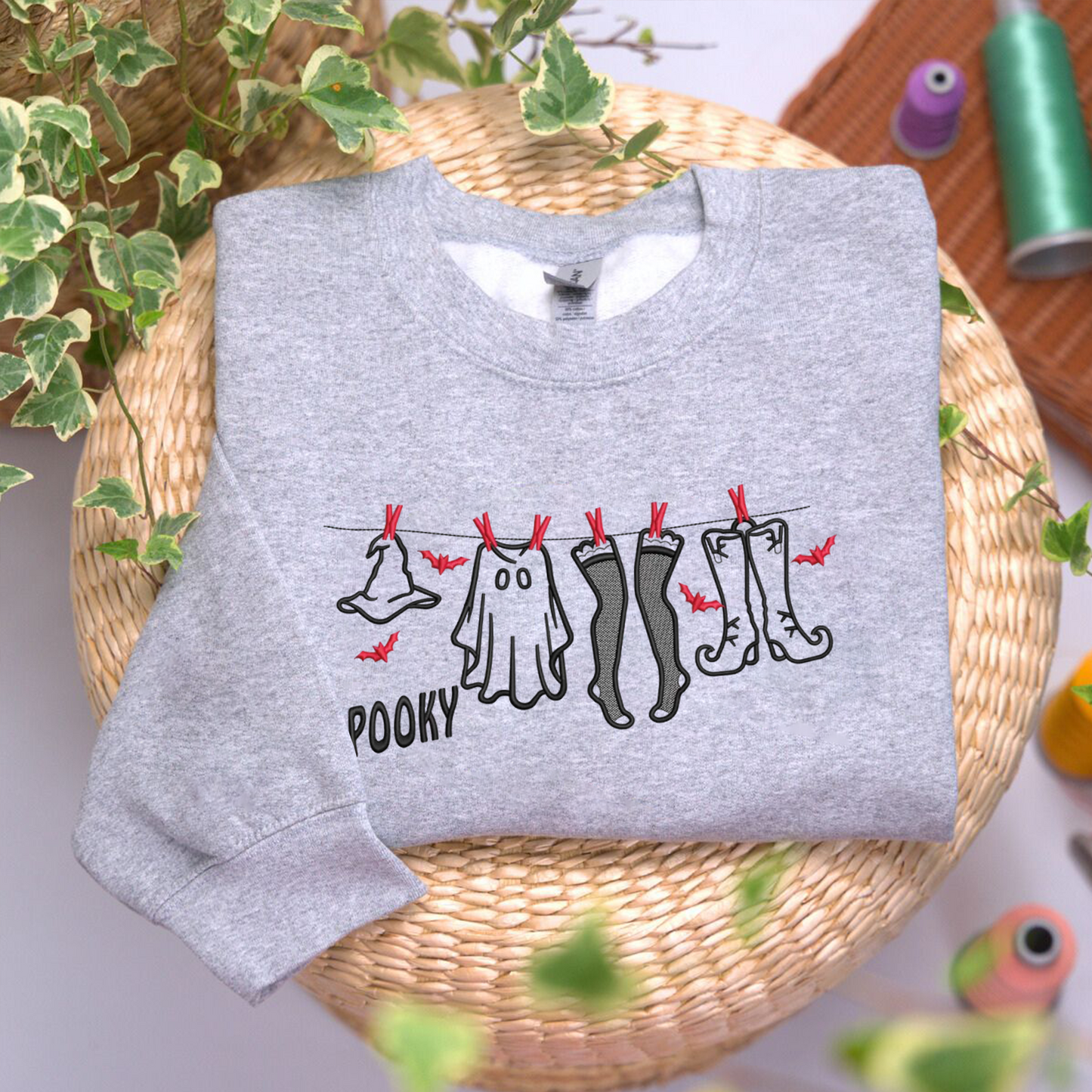 Halloween Clothes Embroidered Sweatshirt, Ghost And Bats Sweatshirt, Halloween Embroidered T Shirt, Sweatshirt For Halloween Gift.