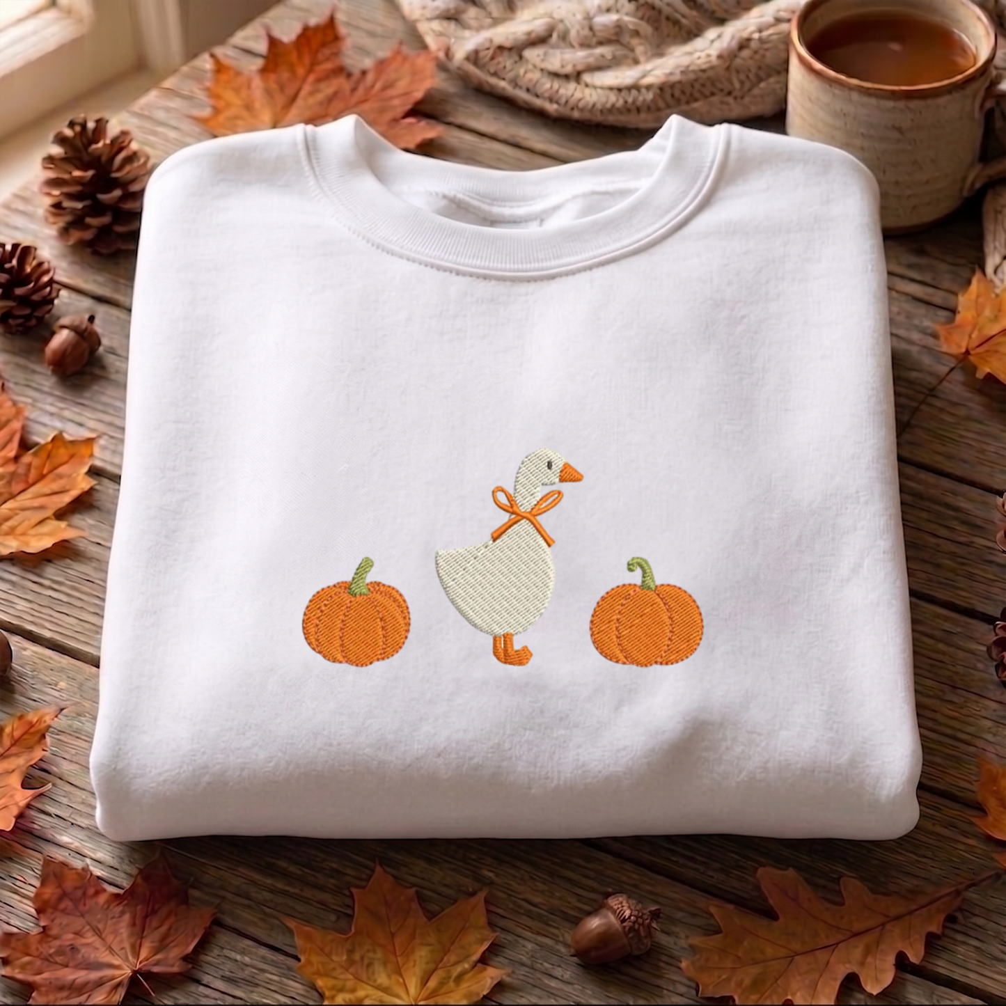 Goose Pumpkin Embroidered Sweatshirt, Autumn Sweatshirt, Bow Embroidered T Shirt, Sweatshirt For Woman Gift.