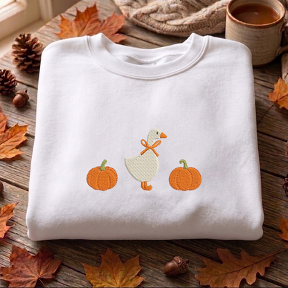 Goose Pumpkin Embroidered Sweatshirt, Autumn Sweatshirt, Bow Embroidered T Shirt, Sweatshirt For Woman Gift.