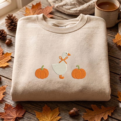 Goose Pumpkin Embroidered Sweatshirt, Autumn Sweatshirt, Bow Embroidered T Shirt, Sweatshirt For Woman Gift.