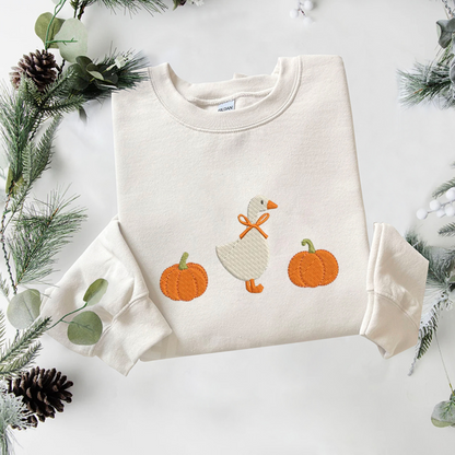 Goose Pumpkin Embroidered Sweatshirt, Autumn Sweatshirt, Bow Embroidered T Shirt, Sweatshirt For Woman Gift.